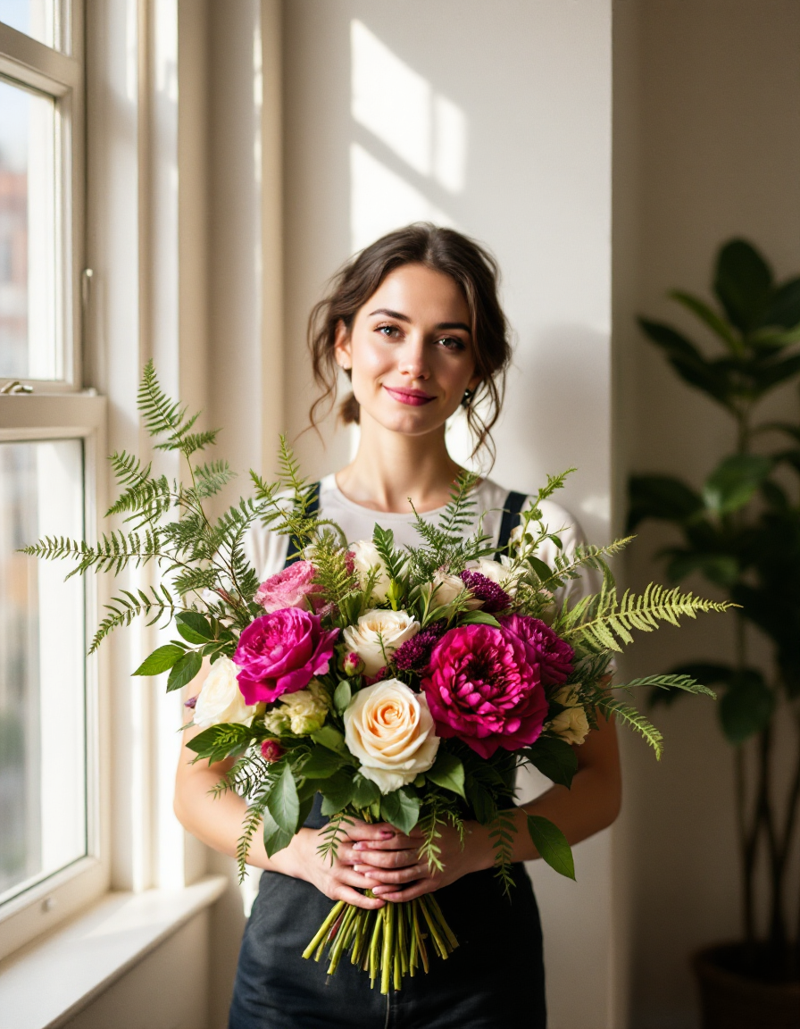 Florist holding an asymmetric seasonal bouquet inside the Marguerite & Fern studio