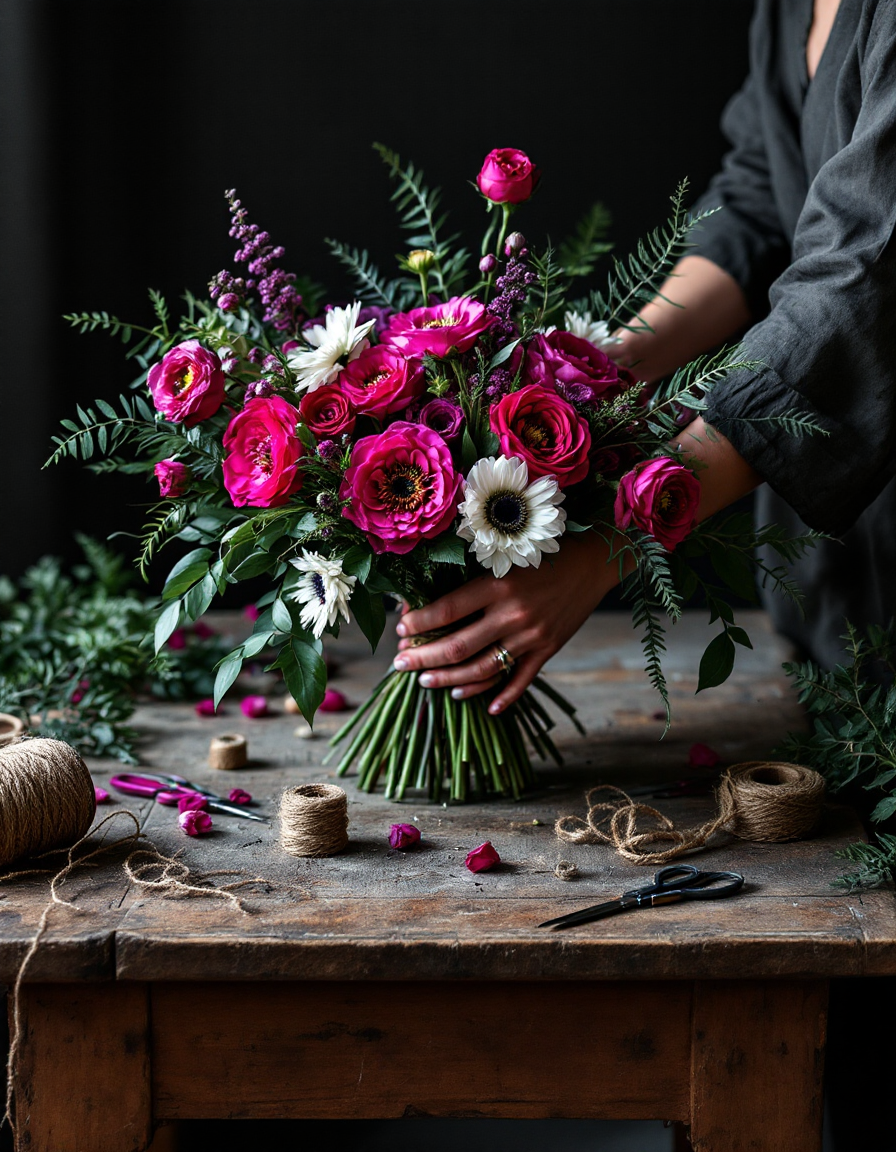 Hands tying an asymmetric bouquet at a studio worktable scattered with stems and snips