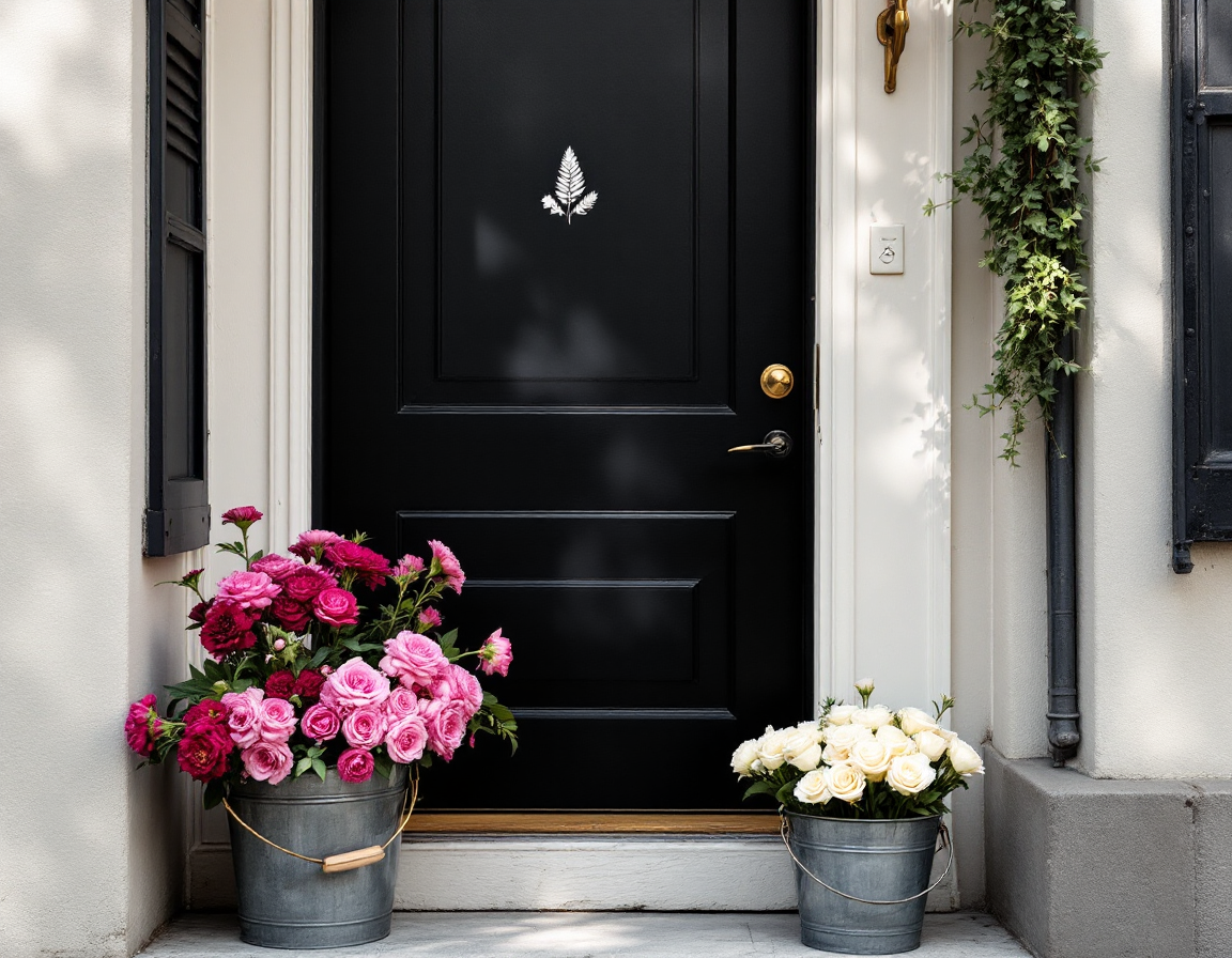 The Marguerite & Fern studio entrance in Brooklyn with buckets of magenta and ivory blooms on the step