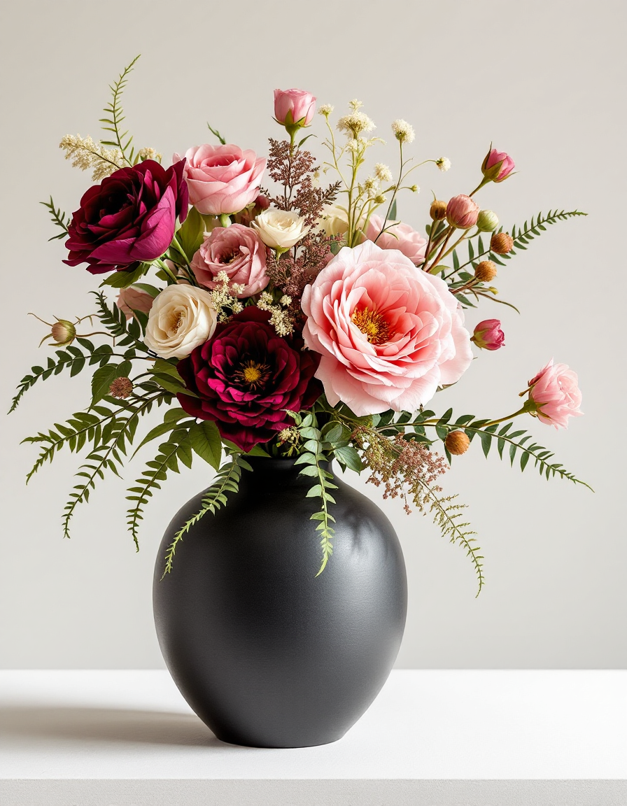 Sculptural seasonal arrangement of magenta and ivory blooms with fern fronds in a black vase