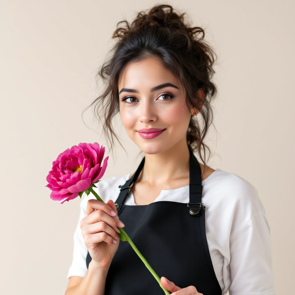Portrait of the lead floral designer holding a magenta ranunculus