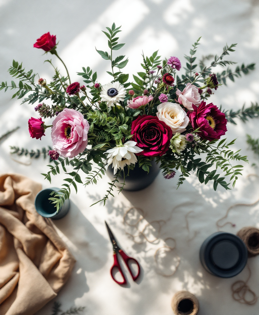 Sculptural seasonal arrangement of magenta and ivory blooms with fern fronds on a studio worktable