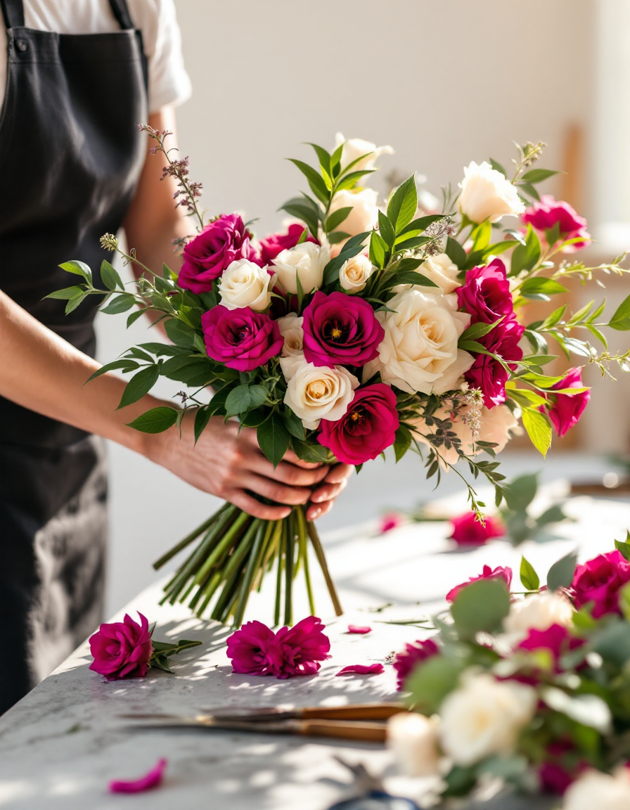 Hands tying an asymmetric bouquet at a studio worktable scattered with stems